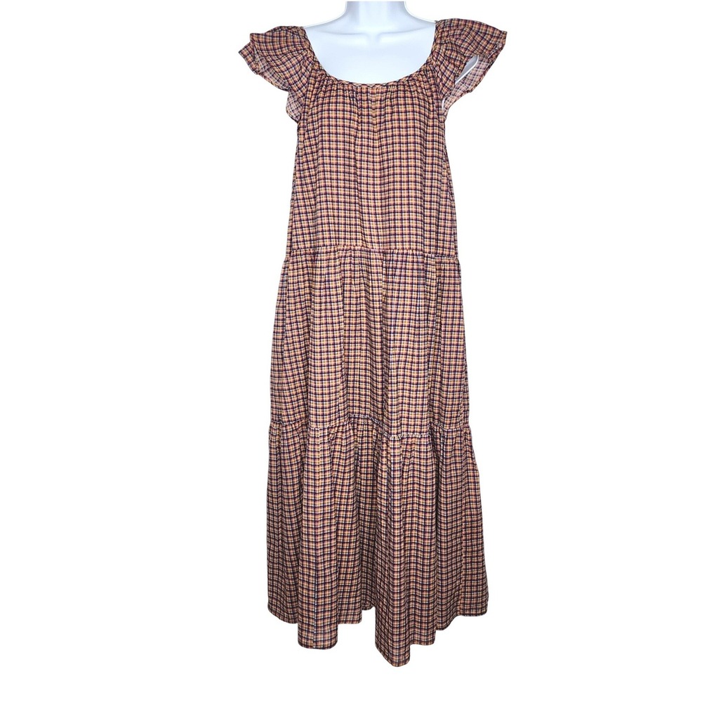 Women’s Maxi Dress in Brown Plaid with Ruffle Sleeves